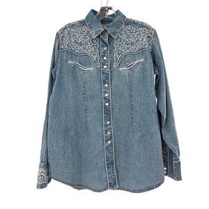 RockyMount Ranch Wear Women Denim Tooling Embroidered Western Shirt Pearl Snap L